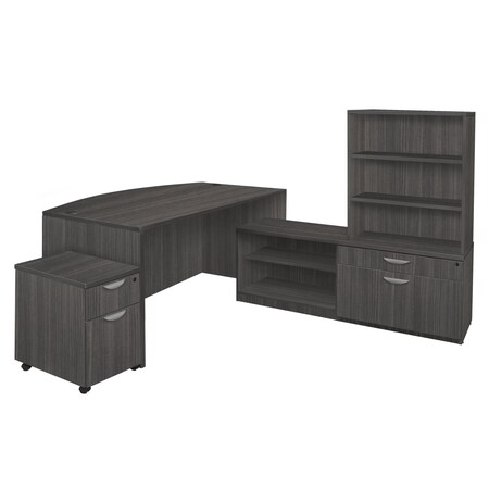 Regency Legacy 71 in. Hi-Low Bow Front L Desk with Open Hutch and Single Mobile Pedestal- Ash Grey